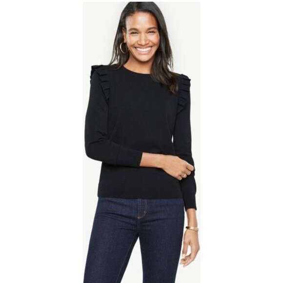 ANN TAYLOR Black Long Sleeve Ruffle Shoulder Sweater Top Size Large - Picture 8 of 8